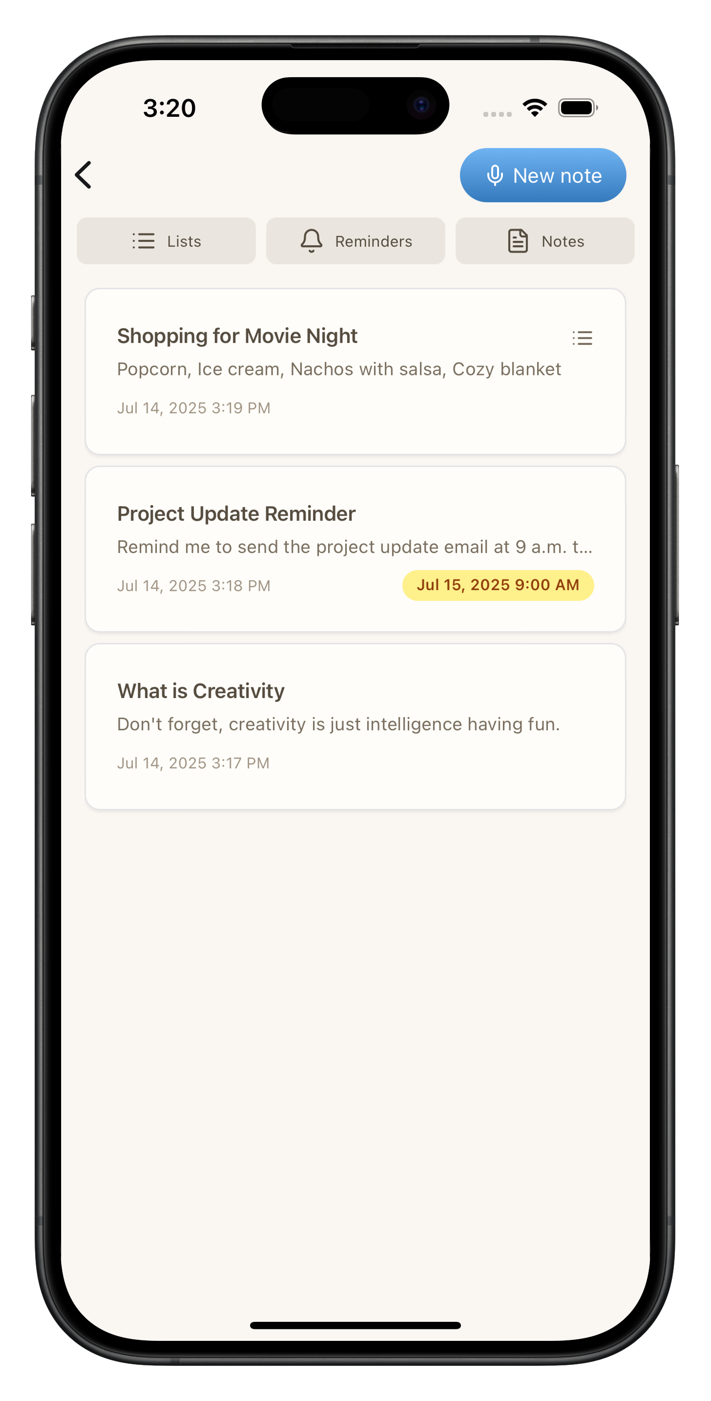 Screenshot of plain note feature