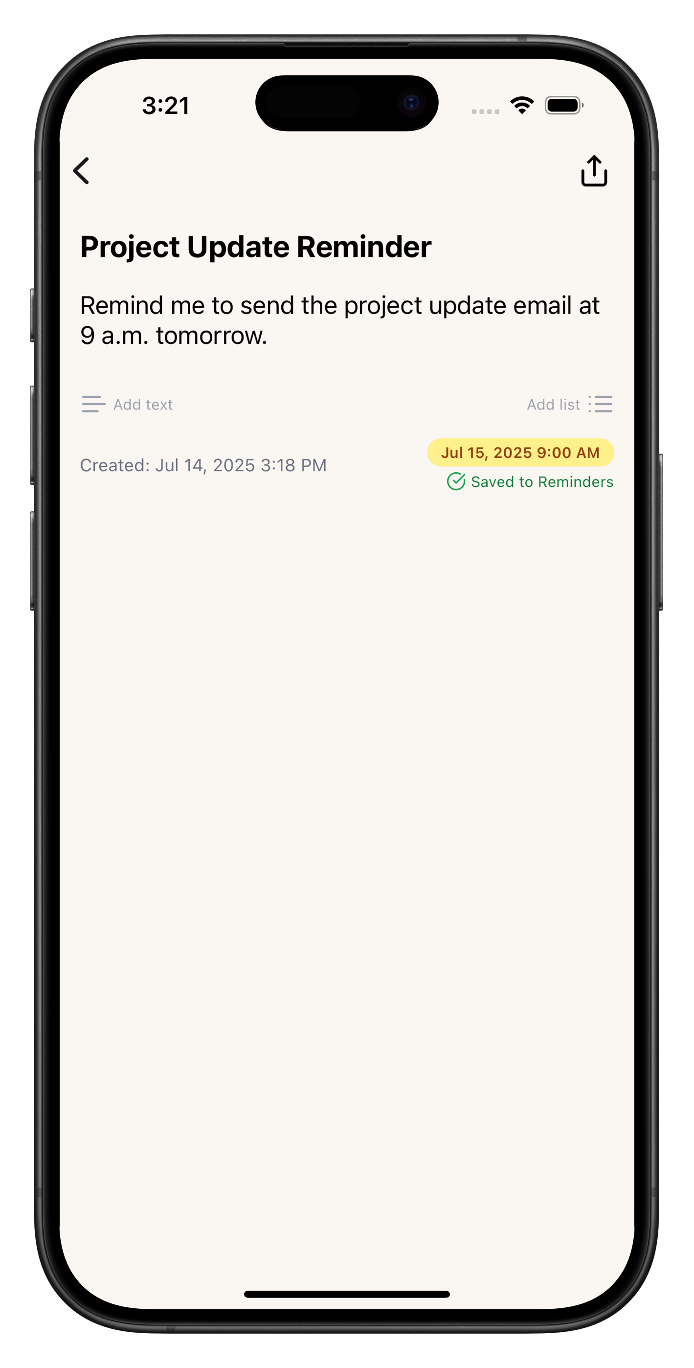 Screenshot of instant reminders feature